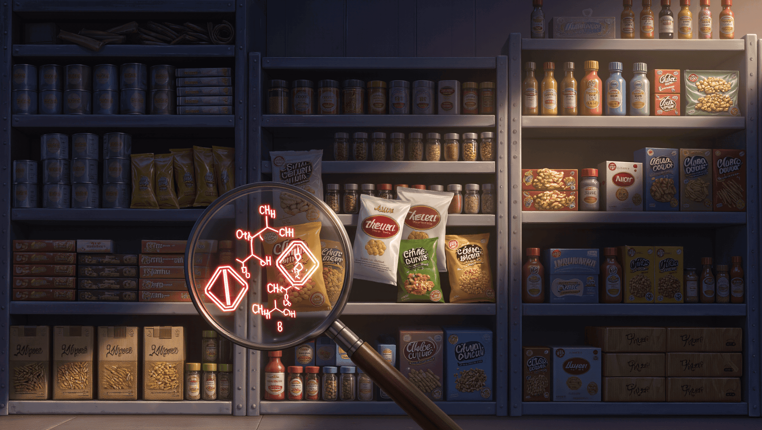 Magnifying glass revealing hidden food additives and chemicals in pantry items - harmful ingredients investigation