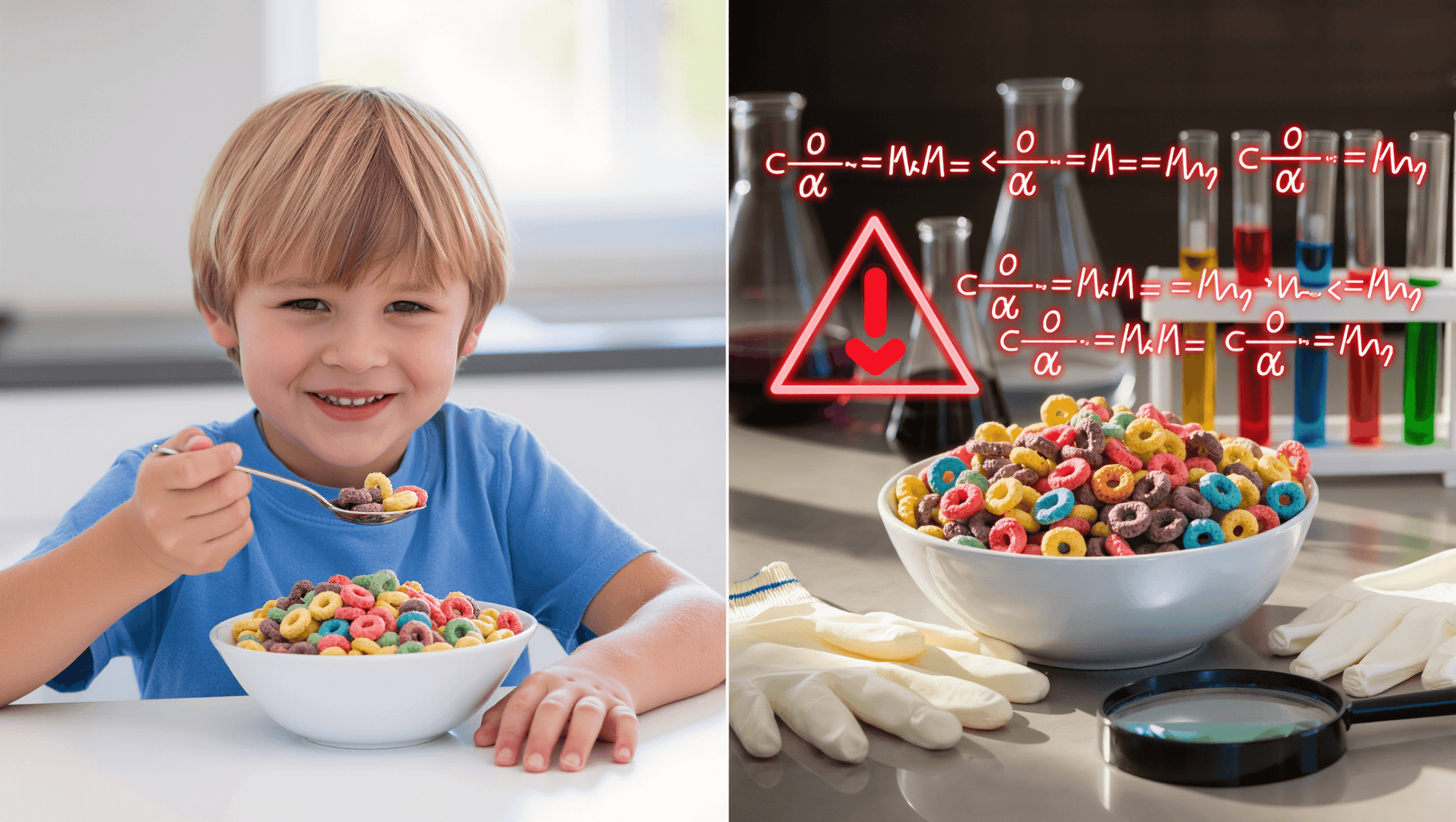 Child eating cereal with food additives linked to ADHD symptoms next to laboratory revealing chemical dyes and warning symbols