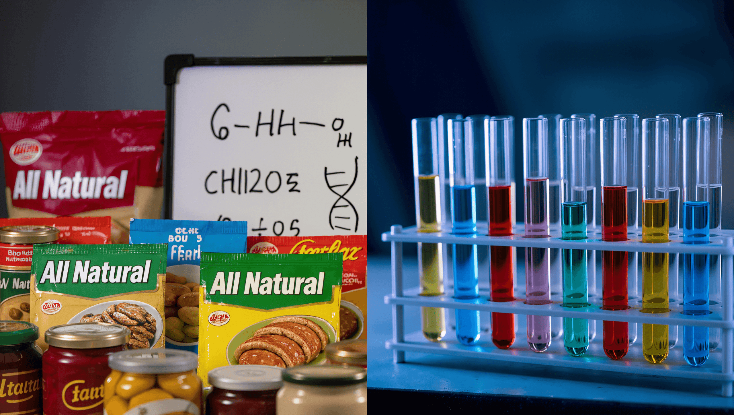 Split screen showing All Natural labeled food products next to laboratory test tubes with colorful chemicals and molecular formulas