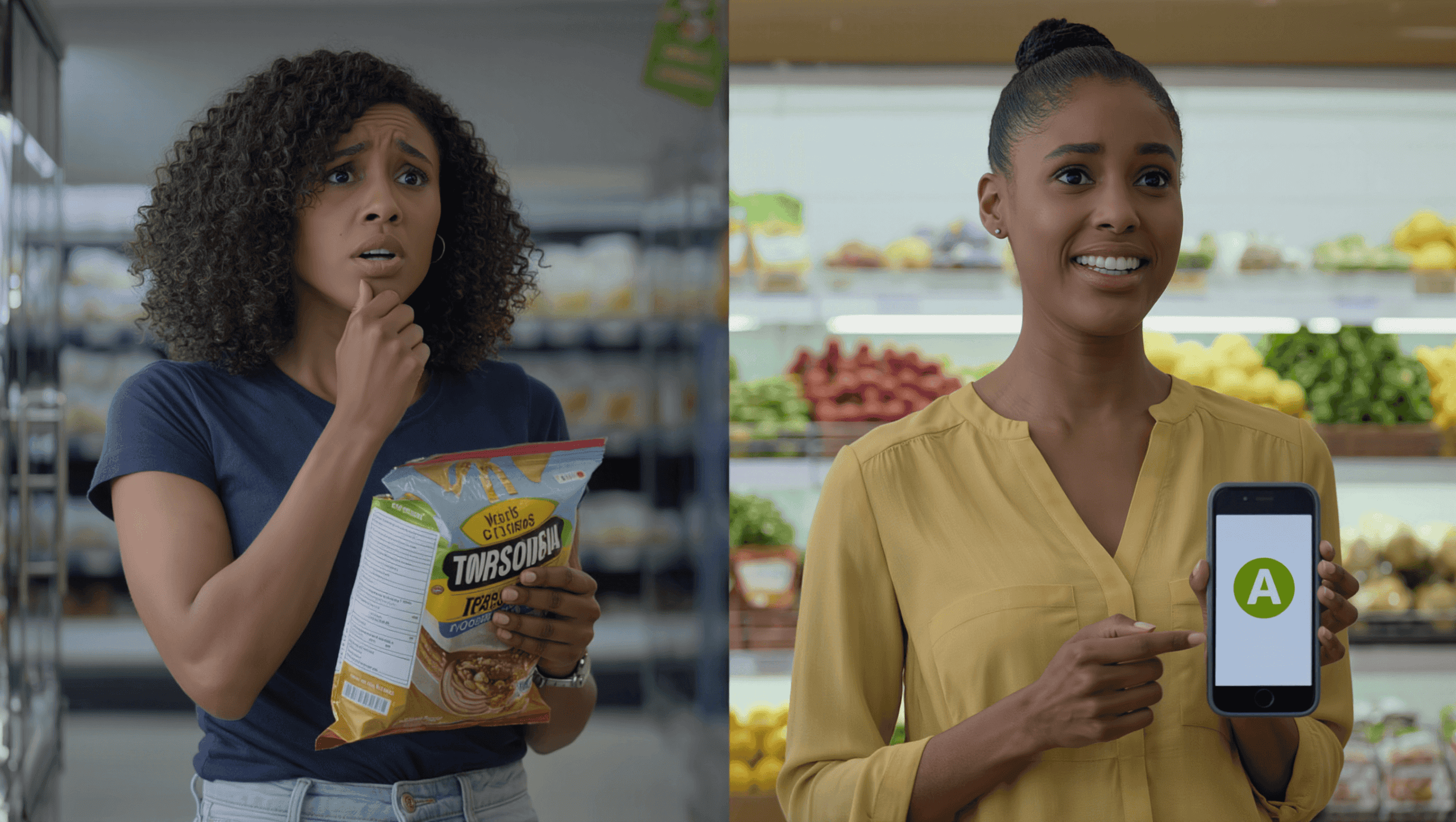 Hand scanning food product barcode with smartphone showing A+ nutrition grade and ingredient analysis in grocery store