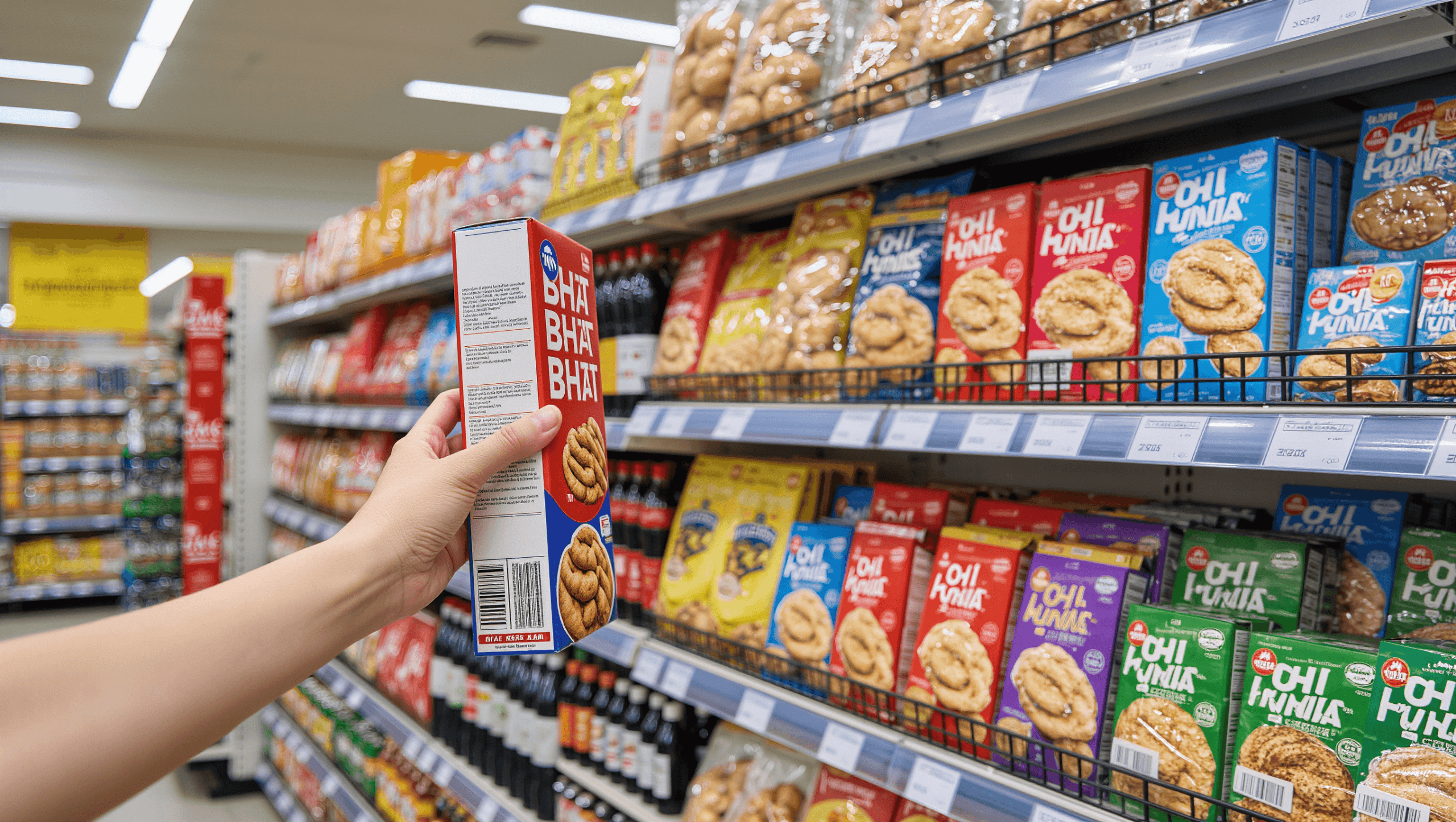 Hand holding packaged food product reading ingredient label for preservatives in grocery store aisle