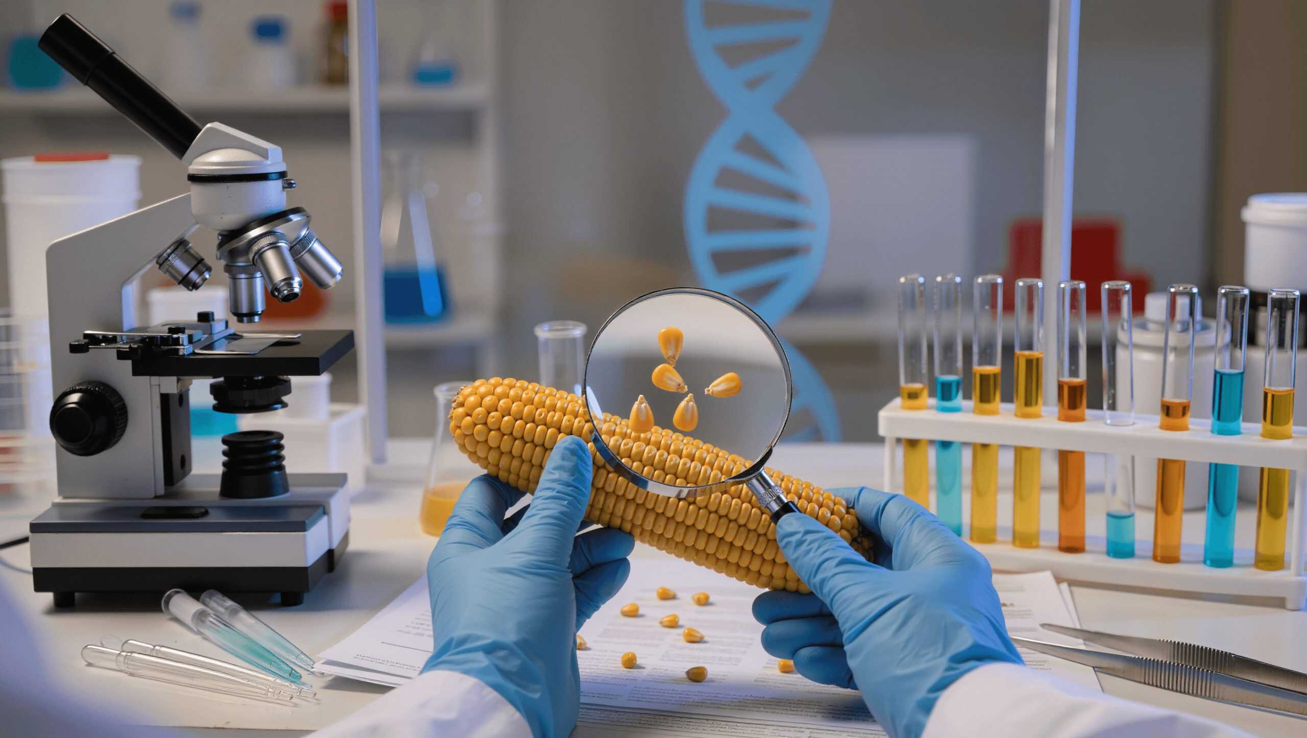 Scientist examining GMO corn in a laboratory setting with research equipment and DNA imagery representing GMO safety research