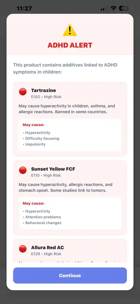 NutraDetective ADHD Alert screen showing Tartrazine, Sunset Yellow, and Allura Red linked to hyperactivity in children