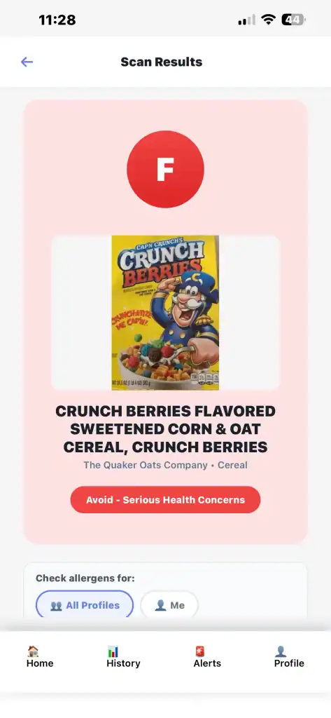 NutraDetective app showing F grade scan result for Crunch Berries cereal with Avoid Serious Health Concerns warning