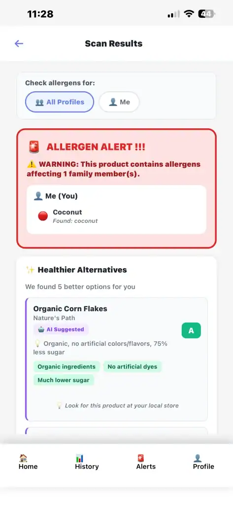 NutraDetective app displaying allergen alert for coconut and AI-suggested healthier alternatives with A grade