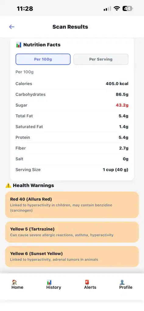 NutraDetective app showing health warnings for Red 40, Yellow 5, and Yellow 6 food dyes linked to hyperactivity