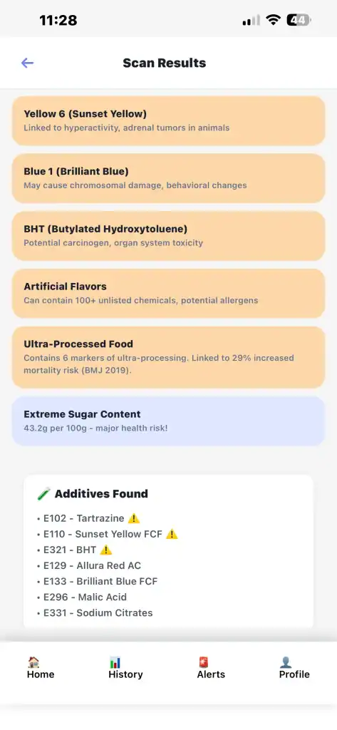 NutraDetective app listing harmful additives including BHT, artificial flavors, and ultra-processed food markers