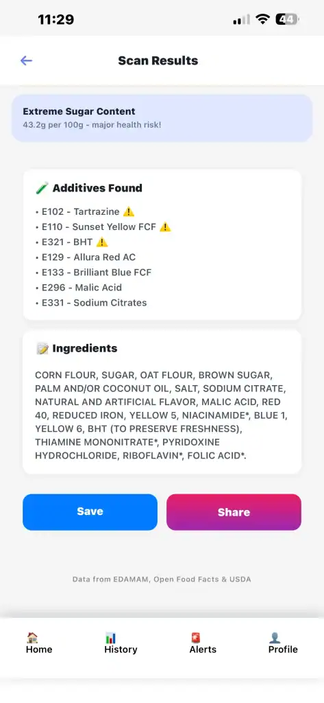 NutraDetective app showing full ingredients list with additives found and extreme sugar content warning
