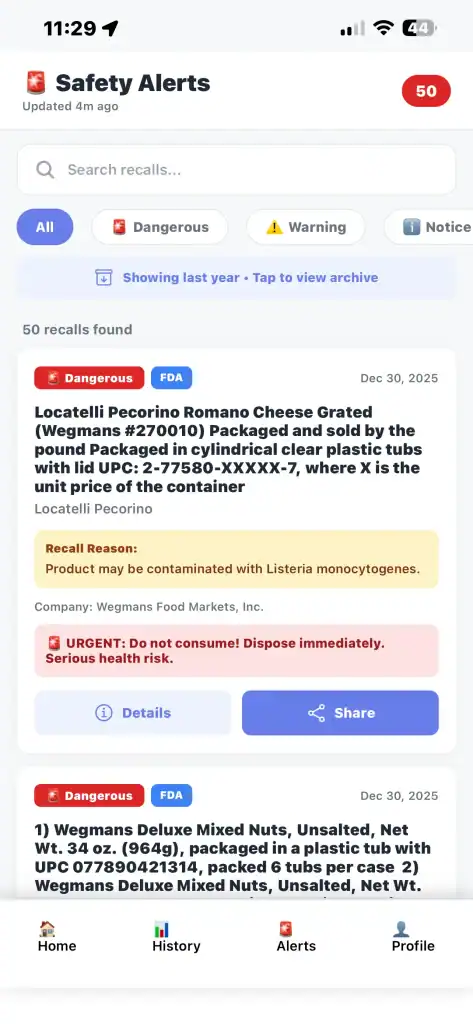 NutraDetective Safety Alerts screen showing FDA recall warnings for dangerous food products