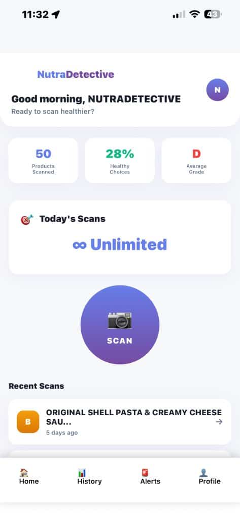 NutraDetective app home screen displaying scan stats, 28% healthy choices, D average grade, and scan button