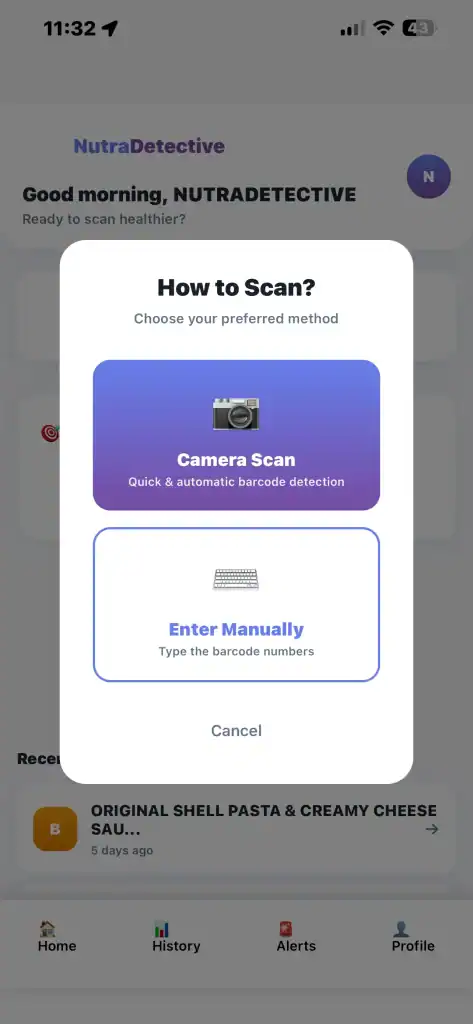 NutraDetective app scan method selection screen showing Camera Scan and Enter Manually barcode options