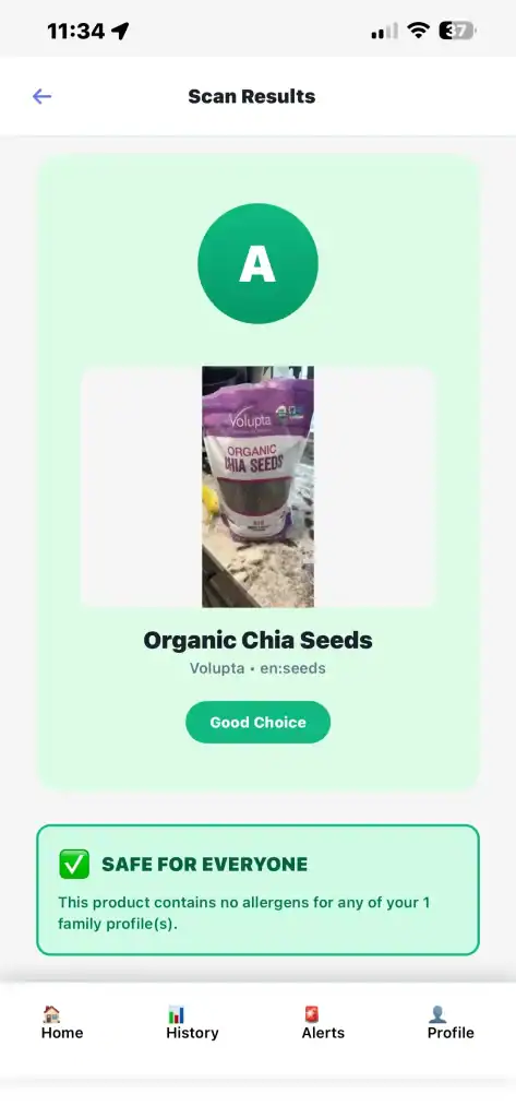 NutraDetective app showing A grade scan result for Organic Chia Seeds with Safe For Everyone allergen status