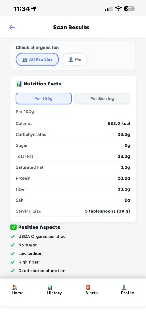 NutraDetective scan results showing detailed nutrition facts including calories, carbs, fat, protein, and fiber