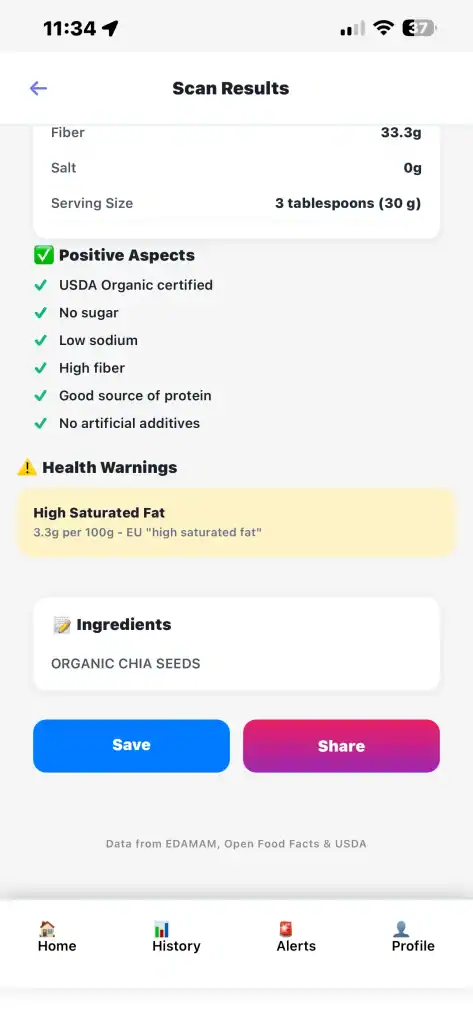 NutraDetective app displaying positive aspects, health warnings, and ingredient list for scanned product
