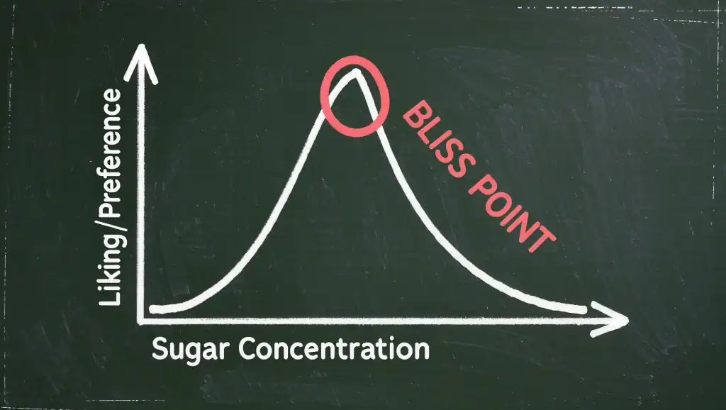 Infographic showing the bliss point formula with sugar, salt, and fat optimization curves used by food scientists