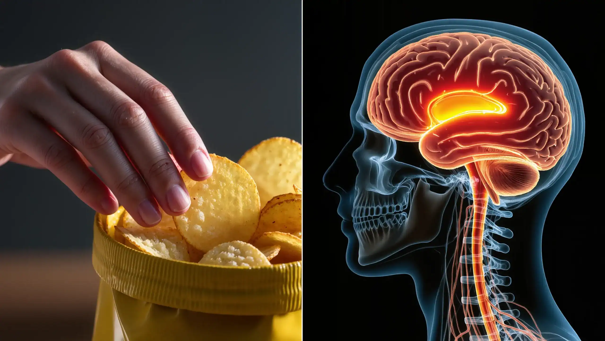 Hand reaching for chips with brain reward center visualization showing how engineered foods trigger addiction responses