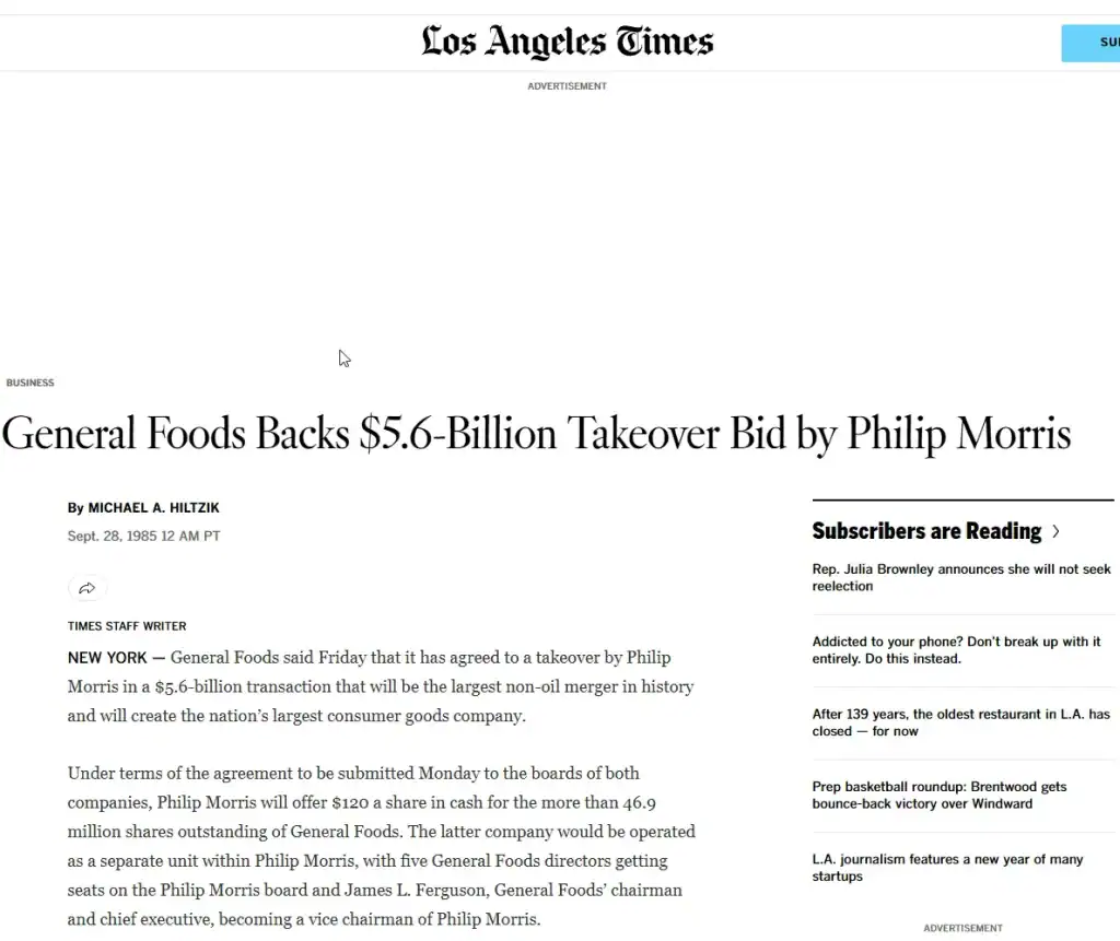 Timeline infographic showing Philip Morris acquiring General Foods in 1985, launching Corporate Synergy Project in 1987, and merging Kraft with General Foods in 1988