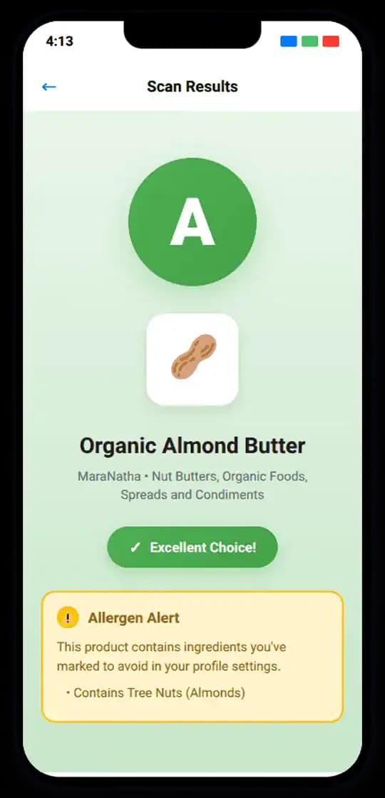 NutraDetective scan result for MaraNatha Organic Almond Butter: grade A, with an allergen alert for tree nuts