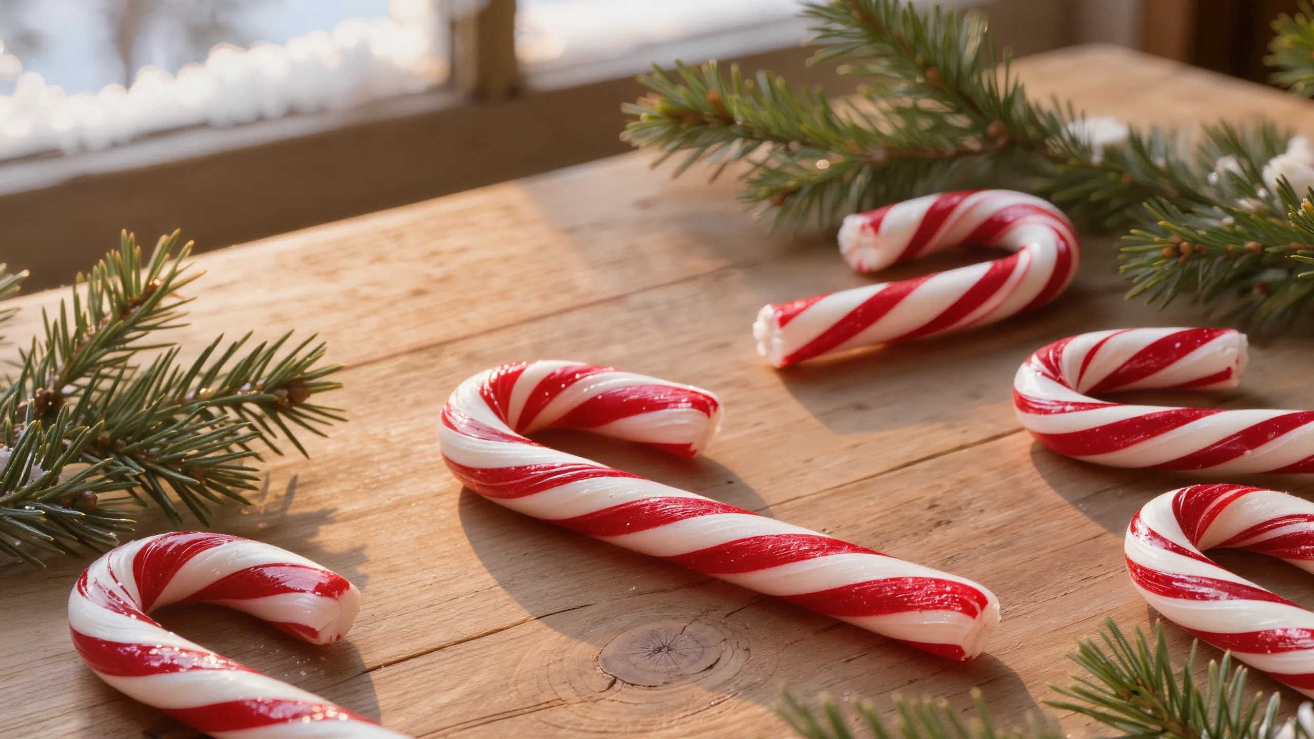 Red and white striped peppermint candy canes and pine sprigs on a wooden table by a snowy window.