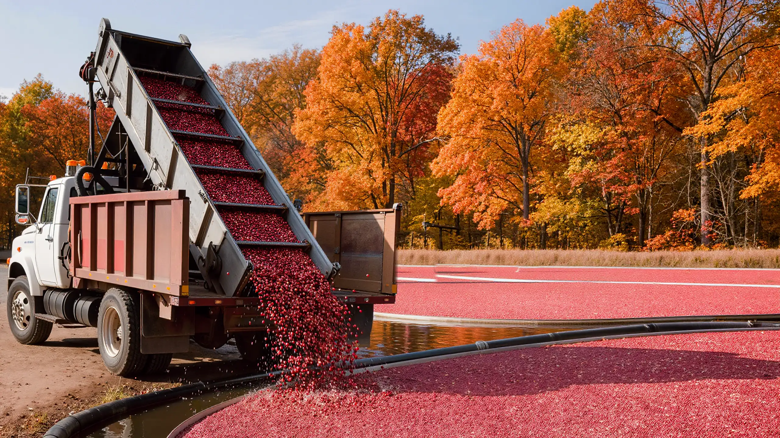 A conveyor full of red cranberries beside a farm truck at the edge of a flooded cranberry bog during harvest, with orange and yellow autumn trees behind.