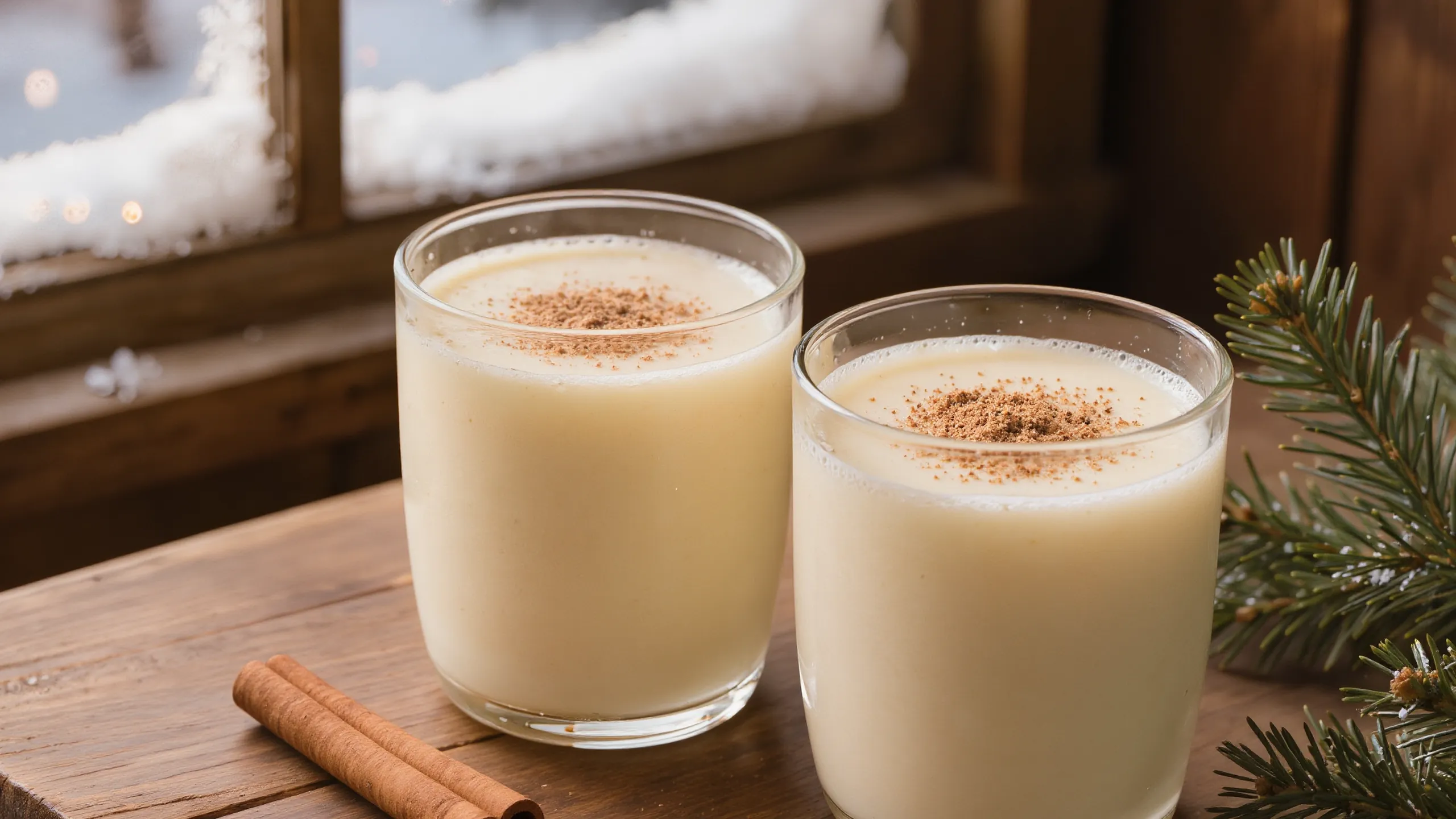 Two glasses of eggnog topped with nutmeg on a wooden table by a snowy window, with a cinnamon stick and pine sprigs.