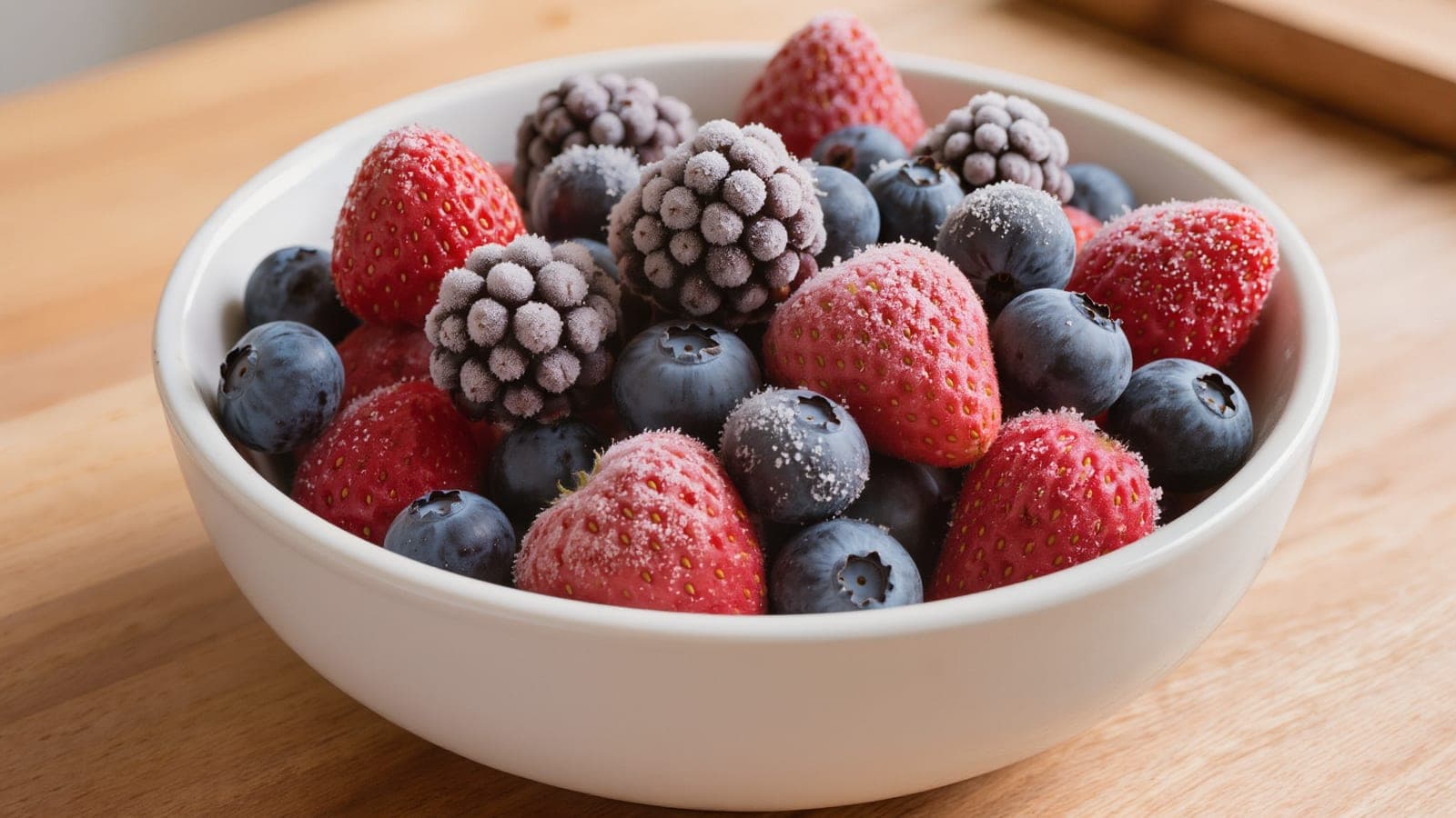 A white bowl of frosty frozen blueberries, blackberries and strawberries on a wooden table