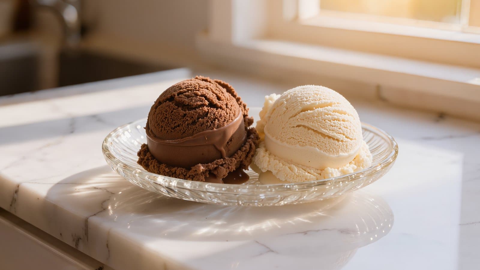 A dark brown scoop and a vanilla scoop of gelato in a clear glass dish on a marble kitchen counter, in warm window light.
