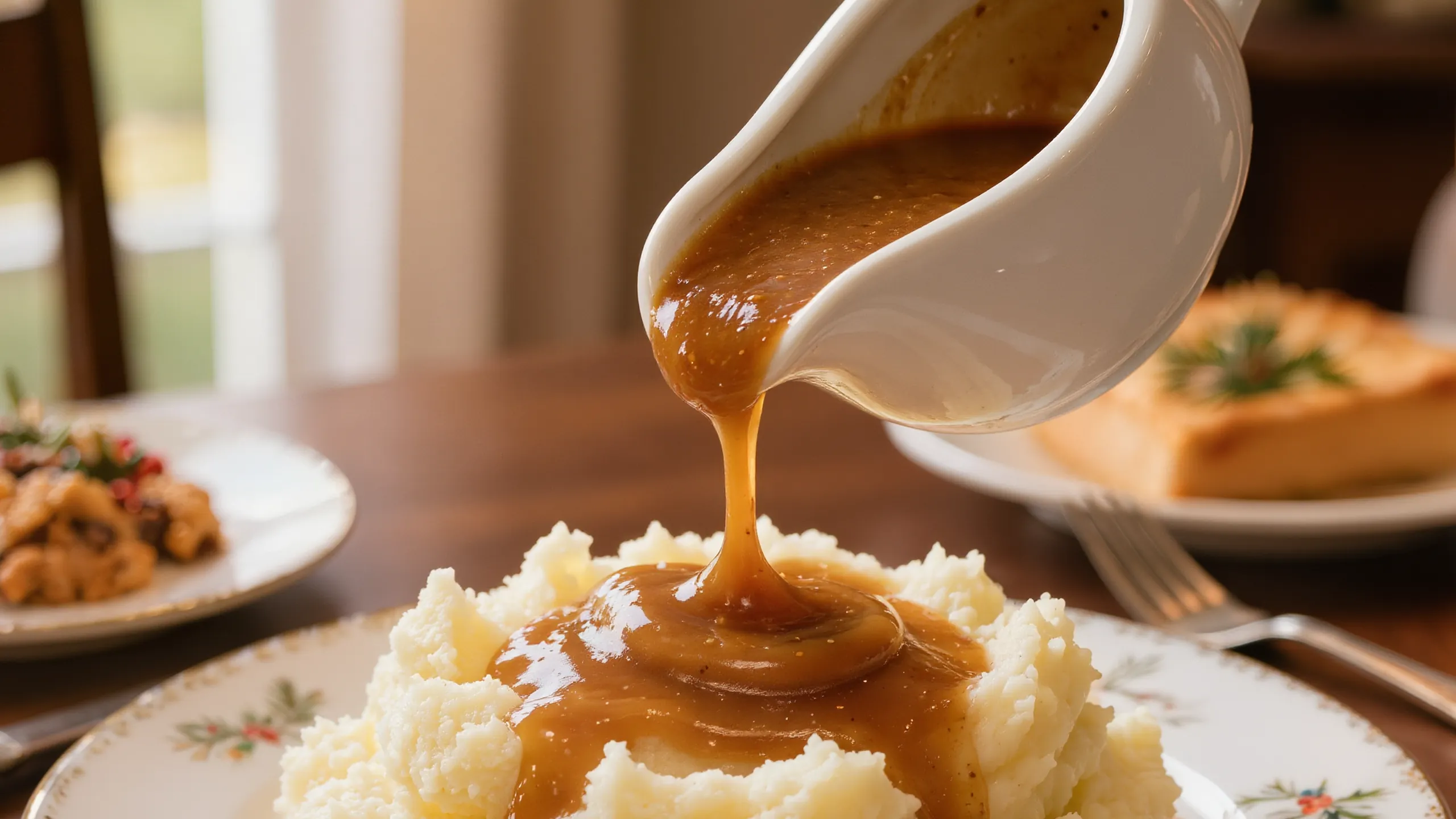 Gravy Over Mashed Potatoes Brown gravy being poured from a white pitcher over mashed potatoes on a holiday plate.