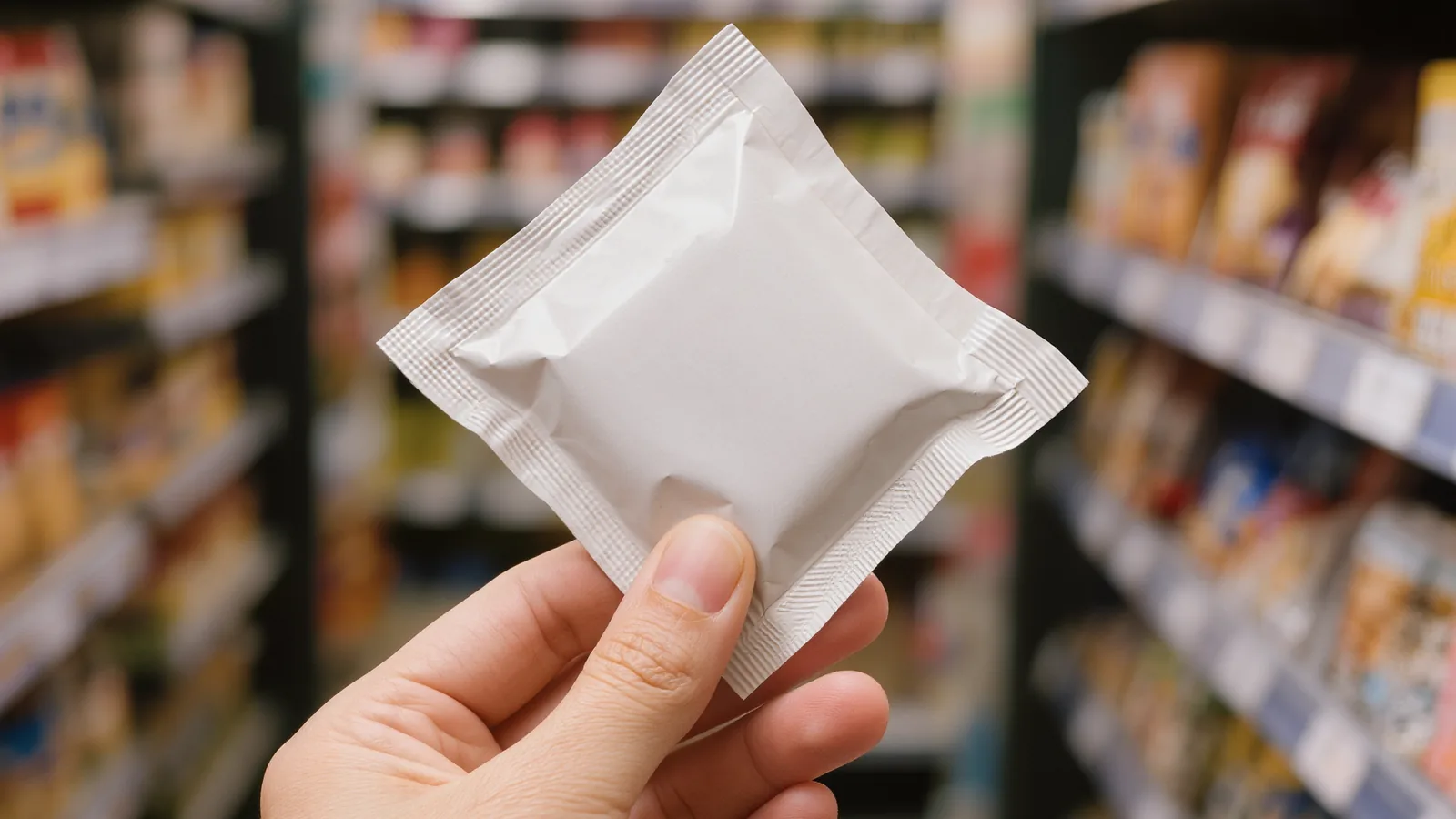 A Gravy Packet in the Aisle A hand holding a plain gravy mix packet in a grocery store aisle.