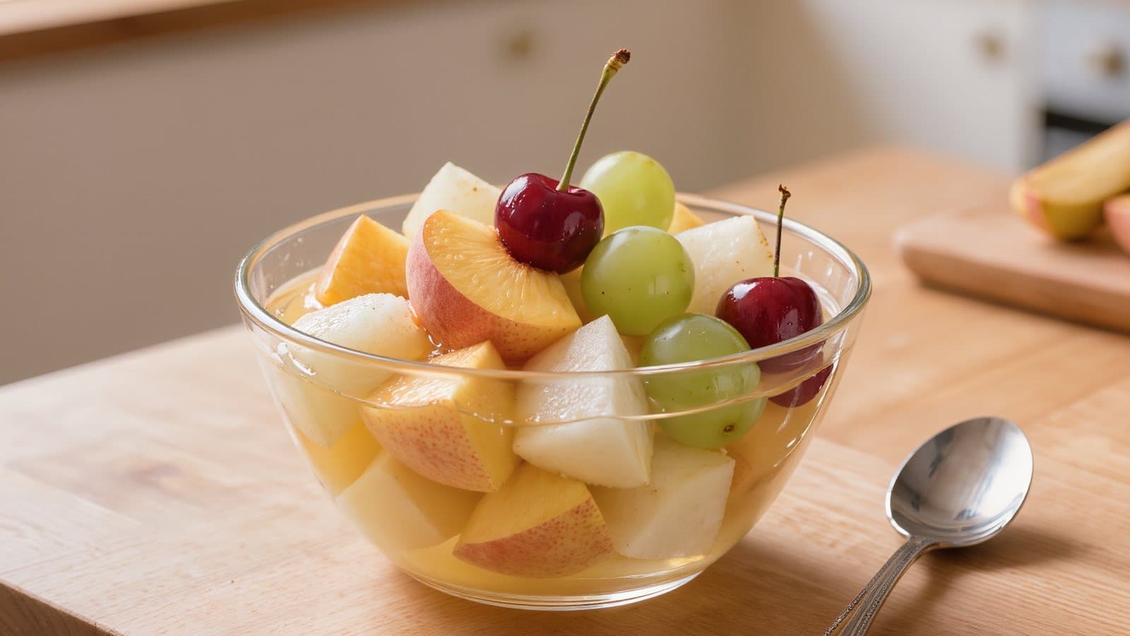 Fruit cocktail with peaches, pears, grapes and cherries in a glass bowl on a wooden counter, with a spoon beside it.