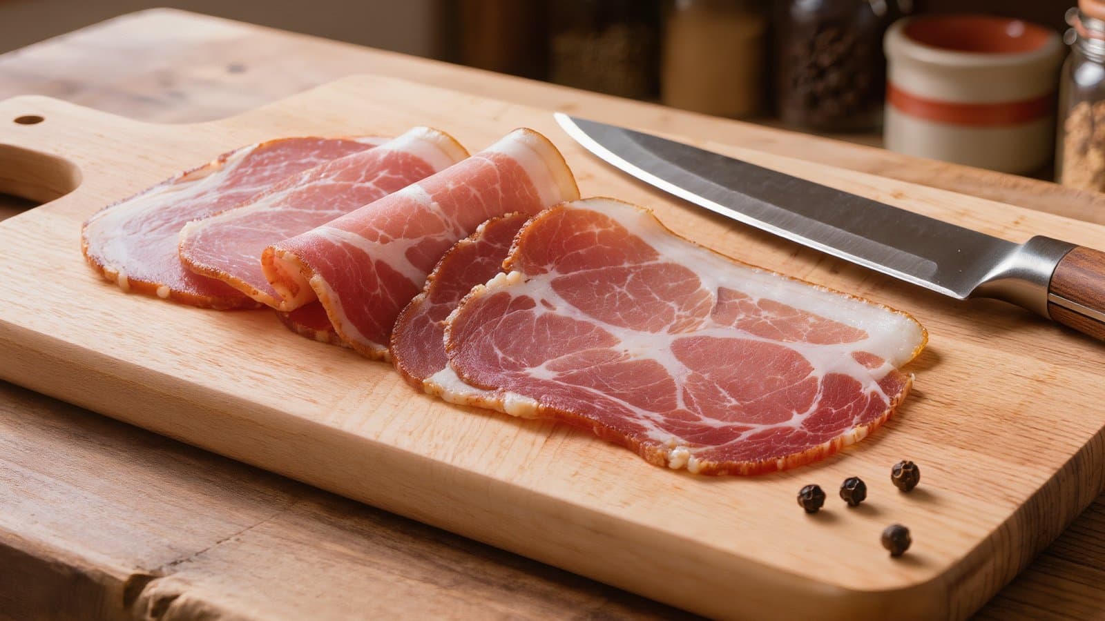 Thin slices of cured pork fanned out on a wooden cutting board, with a knife and a few peppercorns.