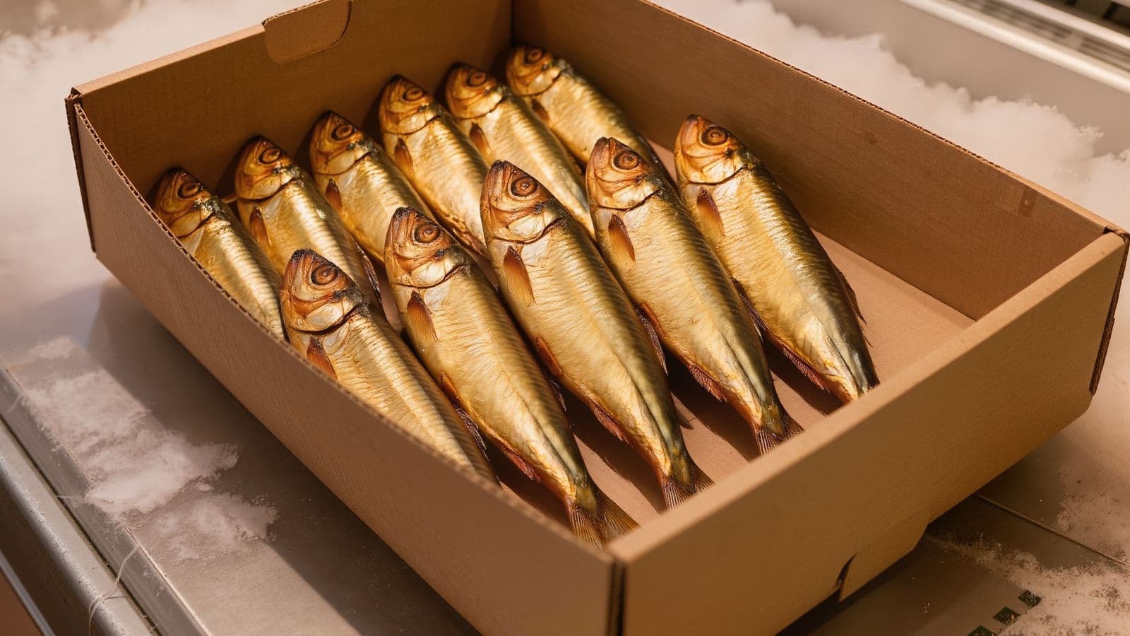 Rows of golden smoked fish in an open cardboard box on an iced deli counter