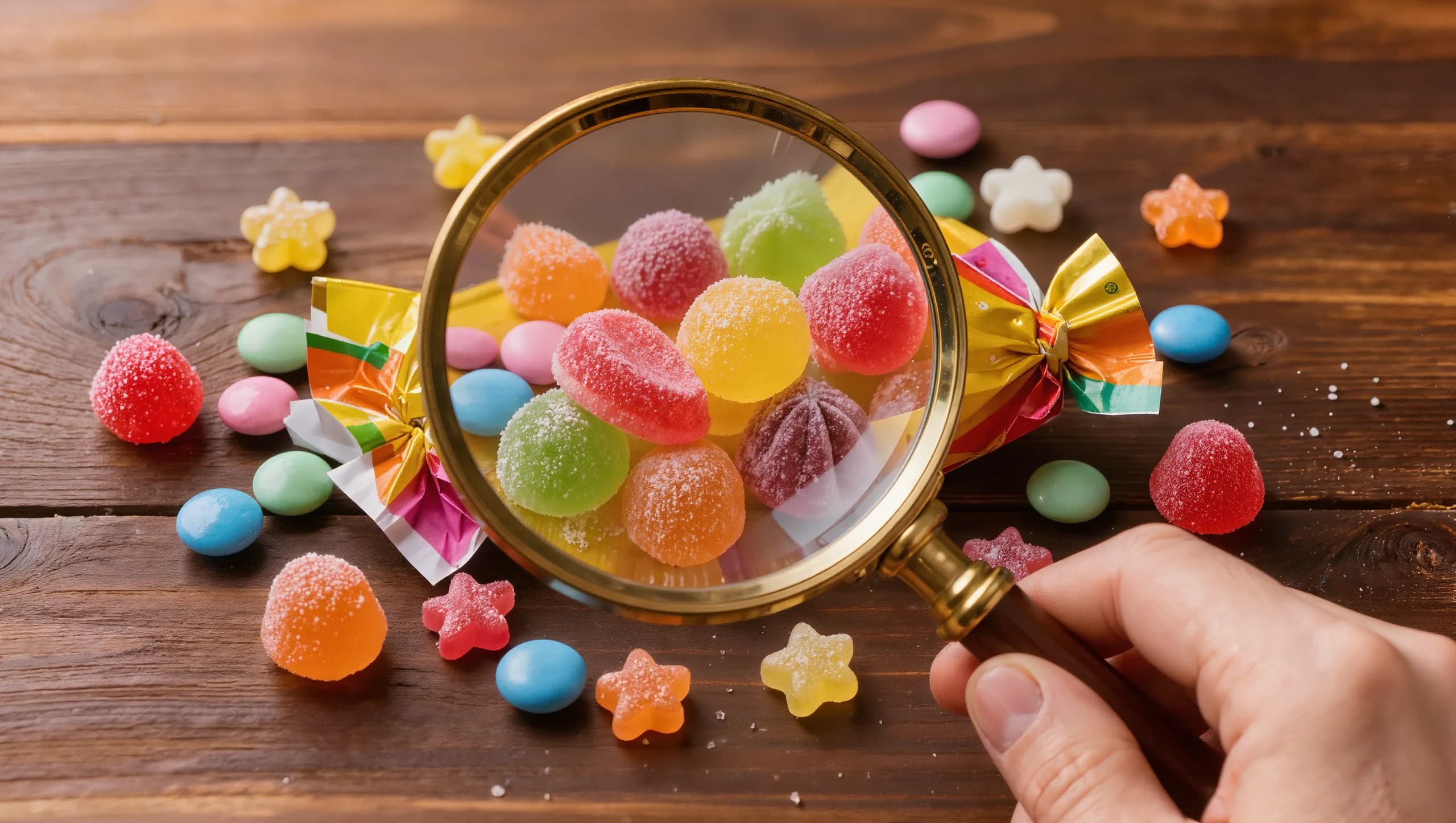 Halloween candy under a magnifying glass: colorful gummies, candy-coated chocolates and wrapped candies on a wooden table