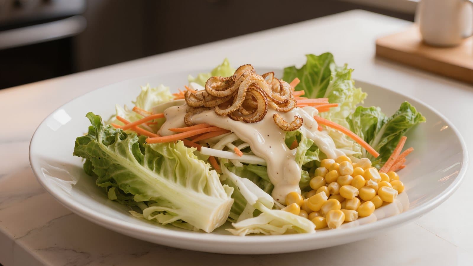 A chopped salad with lettuce, cabbage, carrots, corn and crispy onions in a white bowl on a kitchen counter.