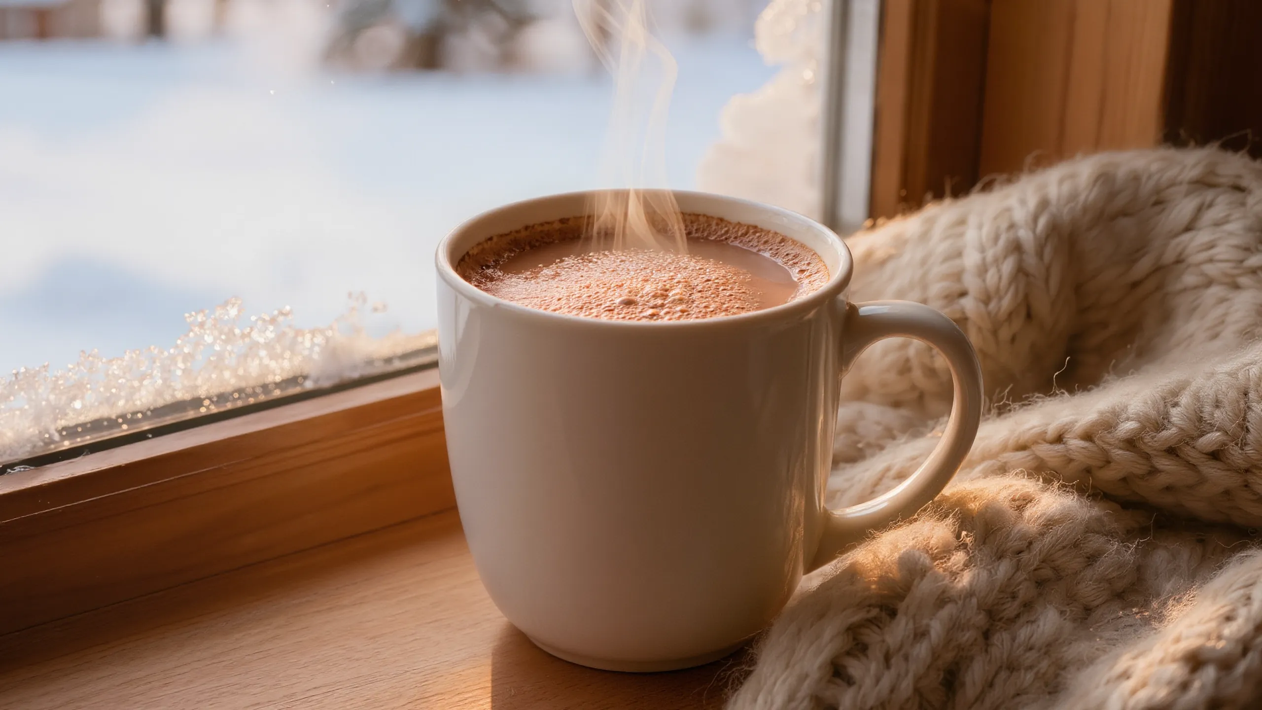 A white mug of hot cocoa with steam rising on a wooden windowsill, with snow outside the window.