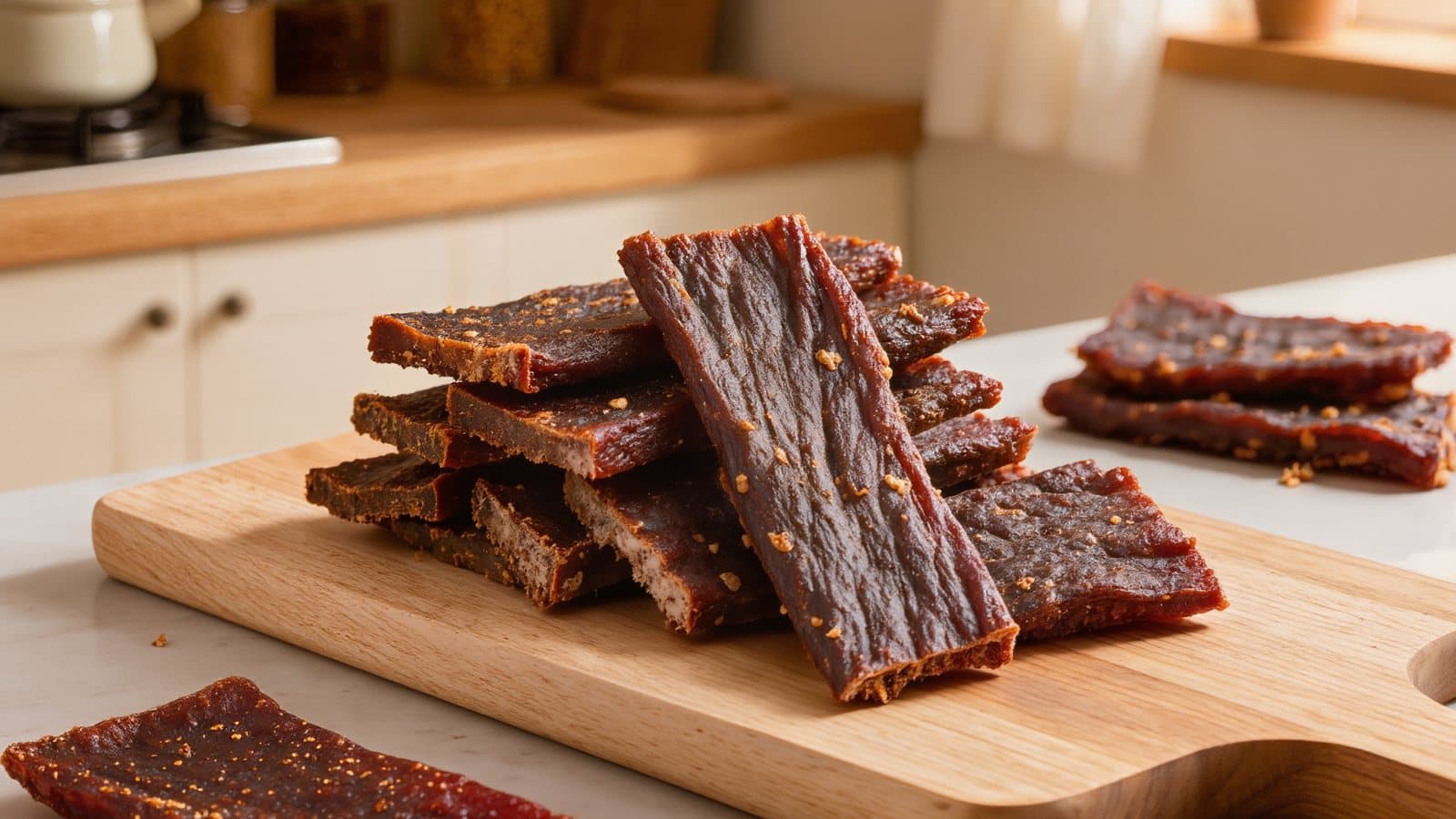 Strips of beef jerky stacked on a wooden cutting board on a kitchen counter.