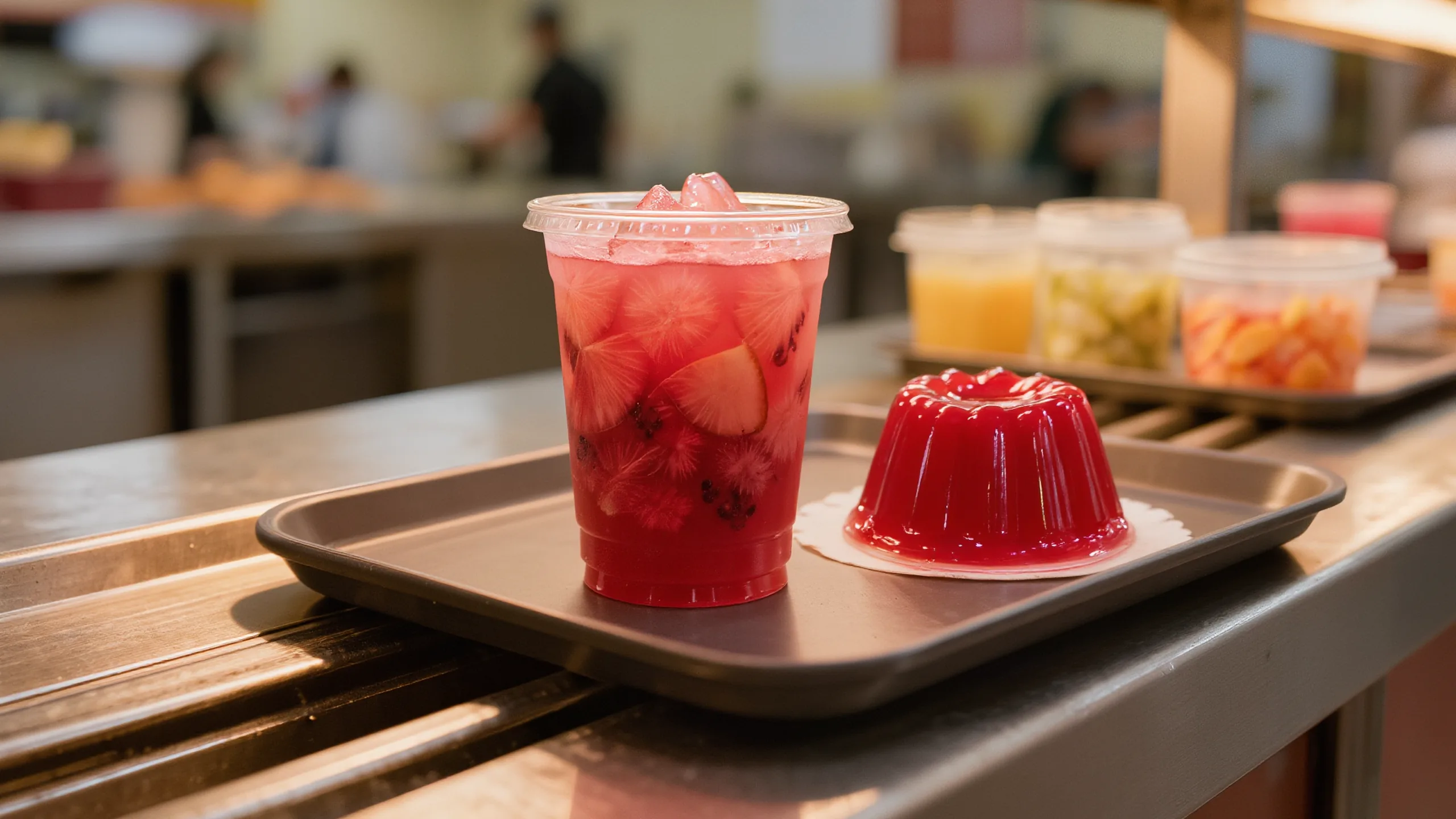 A cup of red fruit drink and a red gelatin dessert on a lunch tray in a school cafeteria serving line.