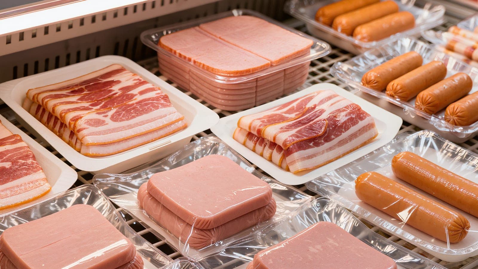 Store cooler shelf with sealed packages of bacon, ham and sausages.