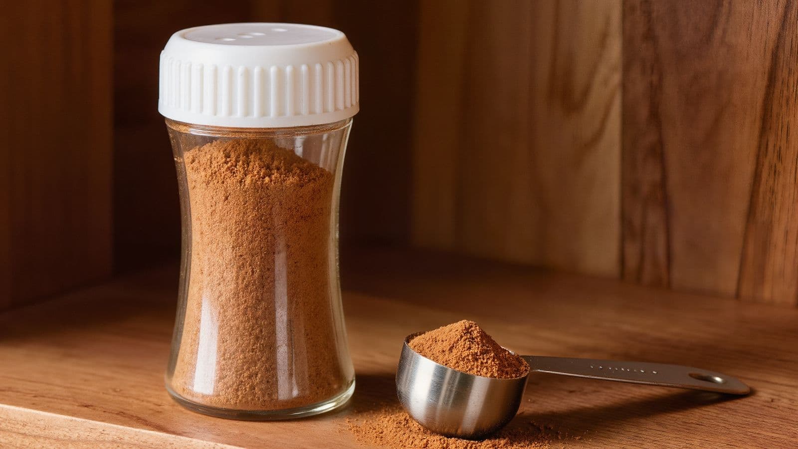 A shaker jar of ground cinnamon and a measuring spoon of cinnamon on a wooden shelf
