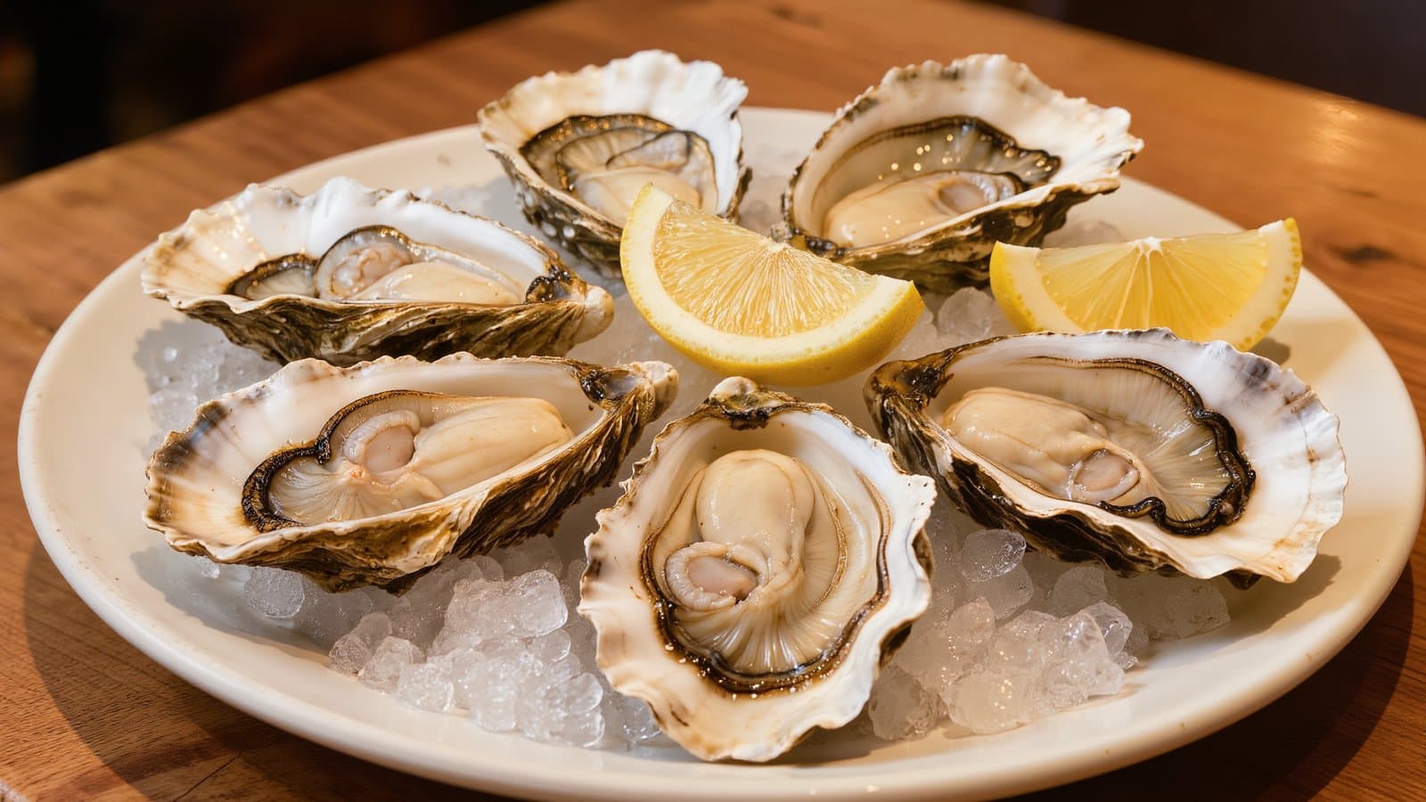 Six raw oysters on the half shell on crushed ice on a white plate, with two lemon wedges, on a wooden table.