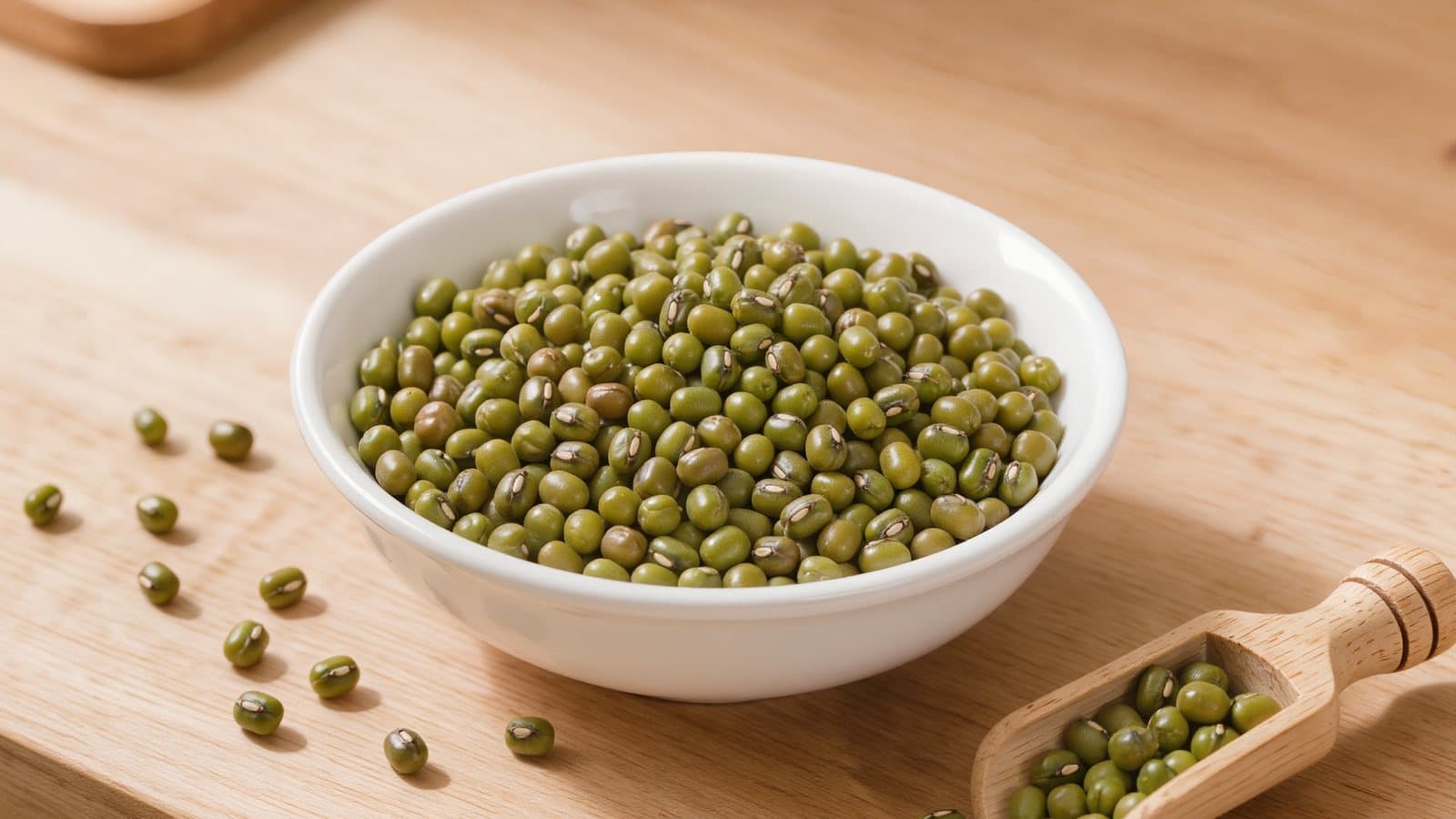Dried green mung beans in a white bowl on a wooden counter, with a wooden scoop of beans beside it