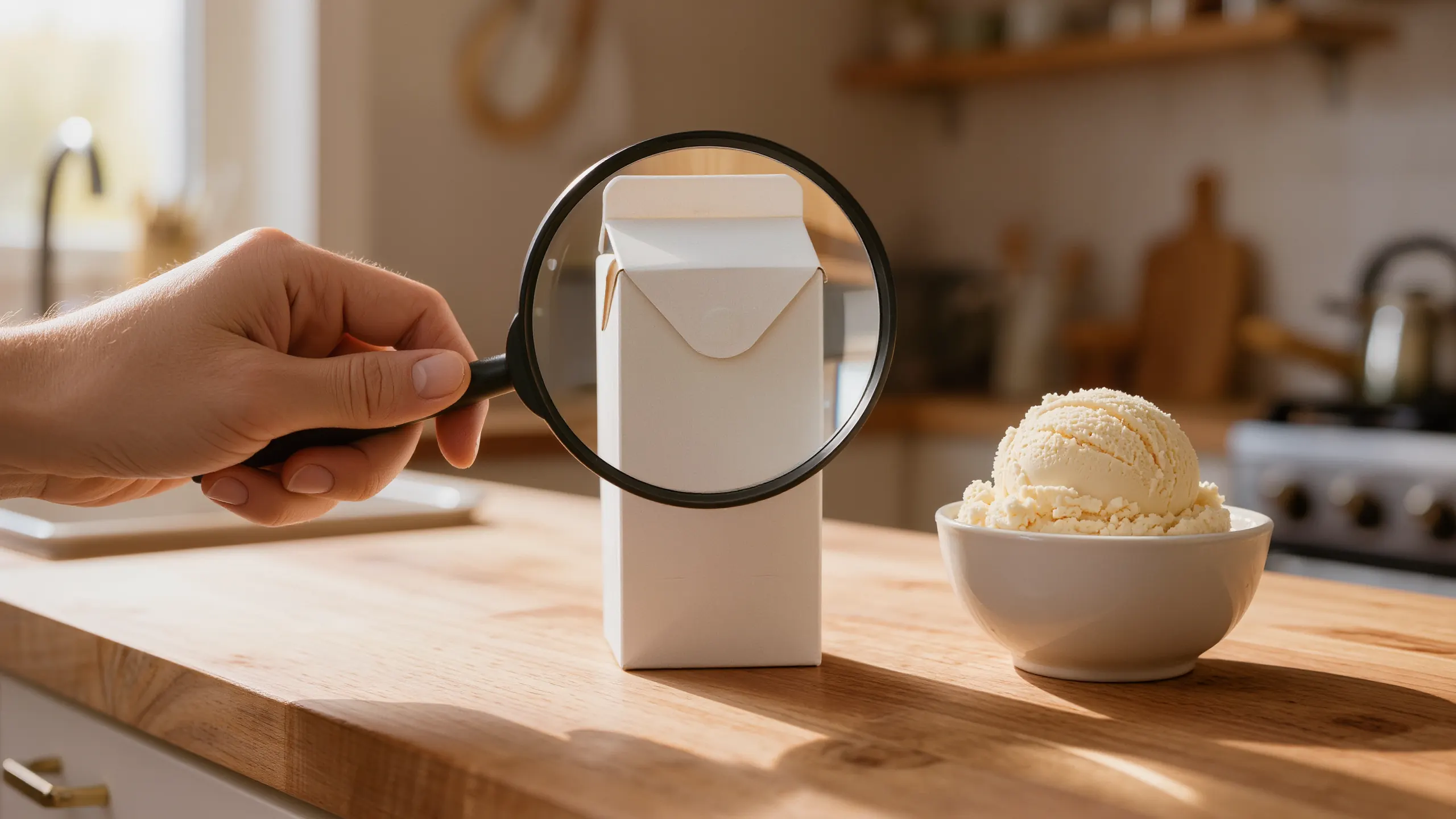 A hand holding a magnifying glass over a plain white carton, with a bowl of vanilla ice cream beside it on a wooden counter.