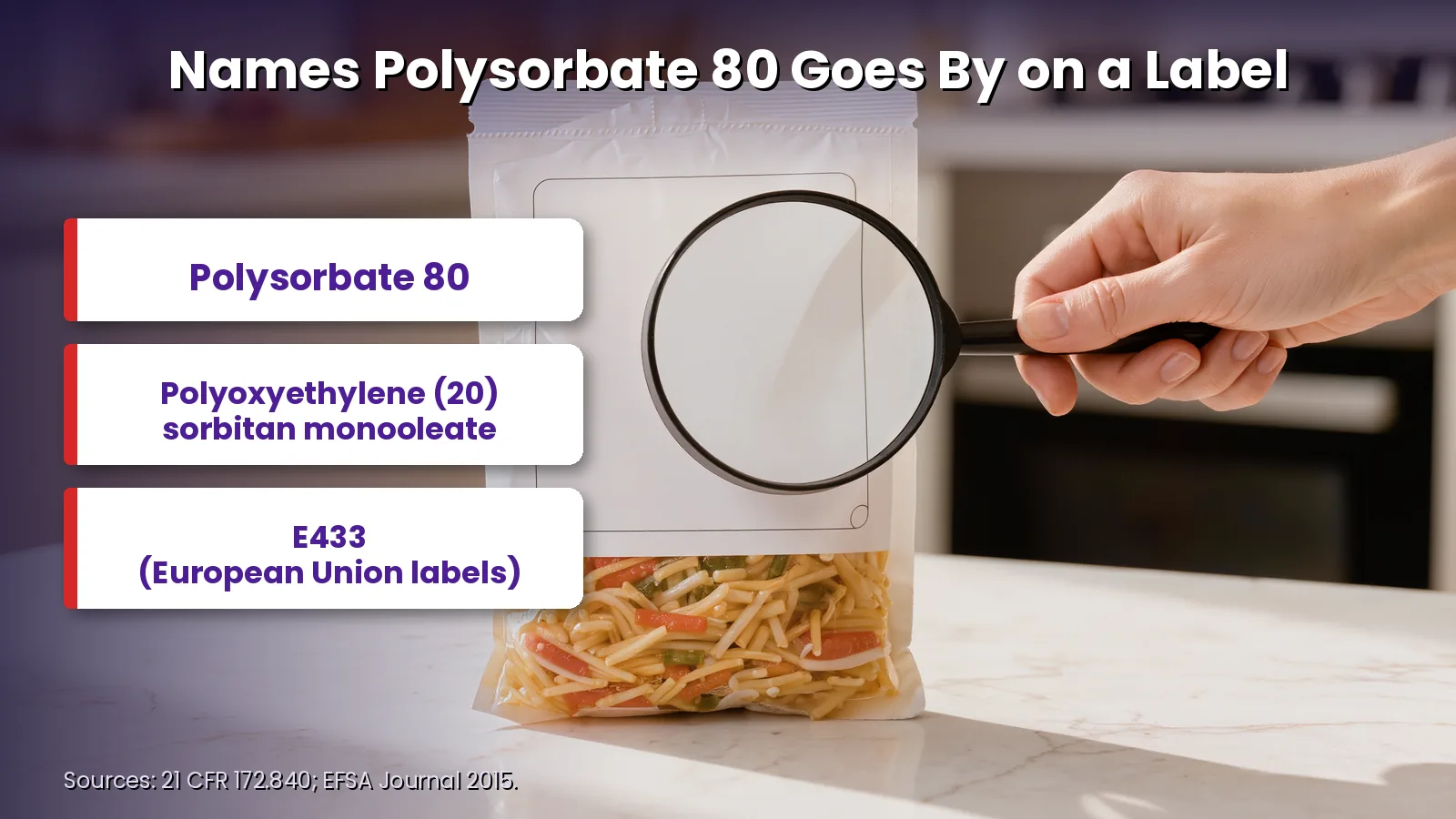Polysorbate 80 label names Three names polysorbate 80 goes by on a label: polysorbate 80, polyoxyethylene (20) sorbitan monooleate, and E433 on European Union labels.