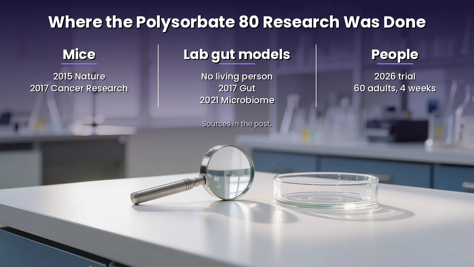 Polysorbate 80 research by study type Where the polysorbate 80 research was done: in mice (2015 Nature, 2017 Cancer Research), in lab models of the human gut with no living person (2017 Gut, 2021 Microbiome), and in people (the 2026 trial of 60 adults over 4 weeks).