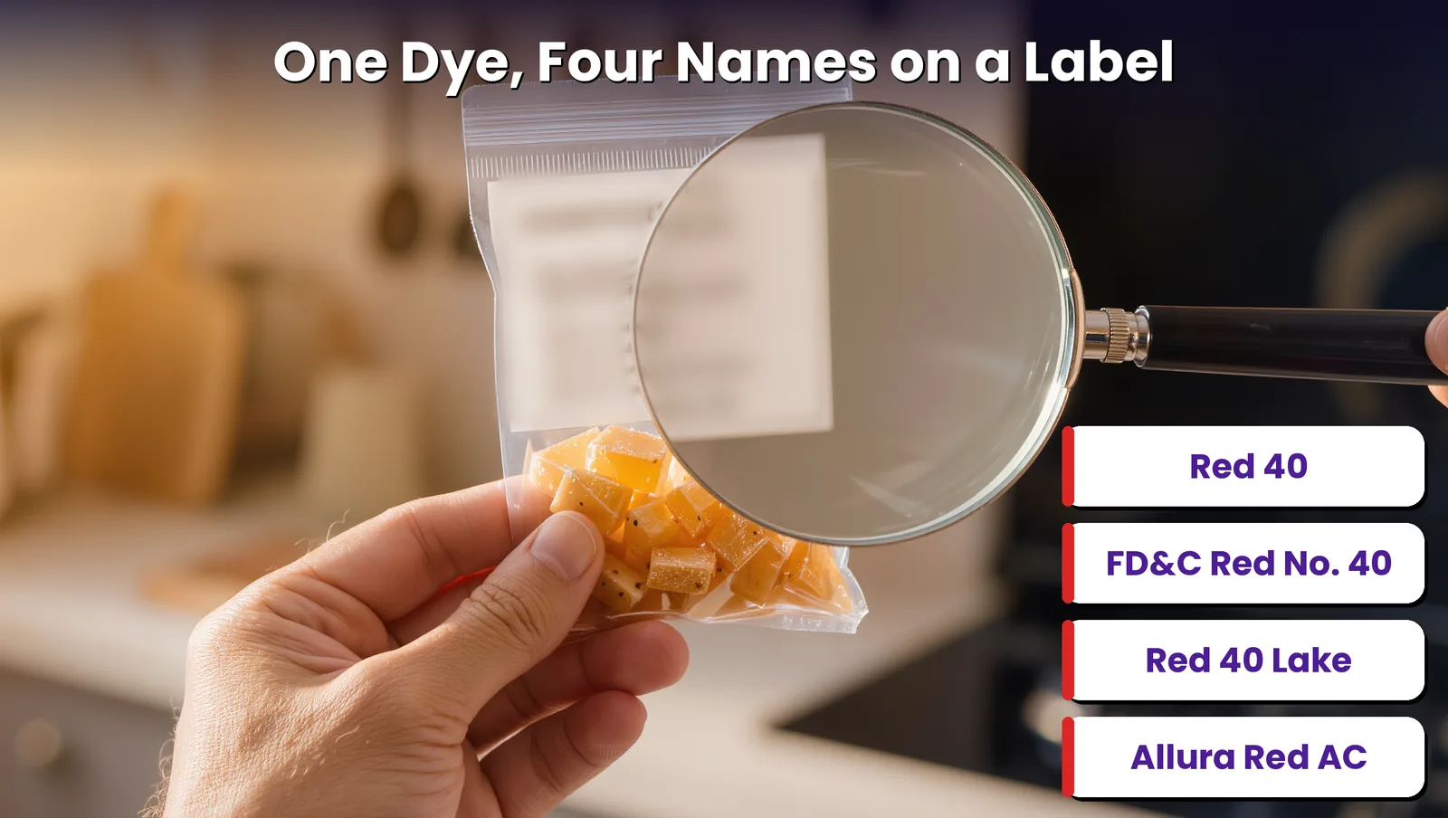 Four names for Red 40 on candy ingredient labels: Red 40, FD&C Red No. 40, Red 40 Lake and Allura Red AC