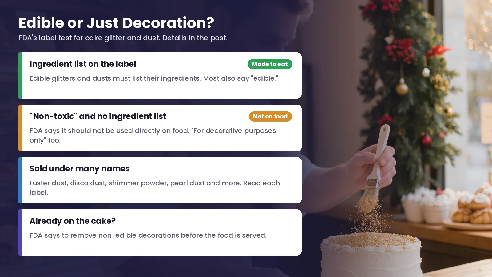Infographic of FDA's label test for cake glitter: an ingredient list means edible, non-toxic with no list does not.