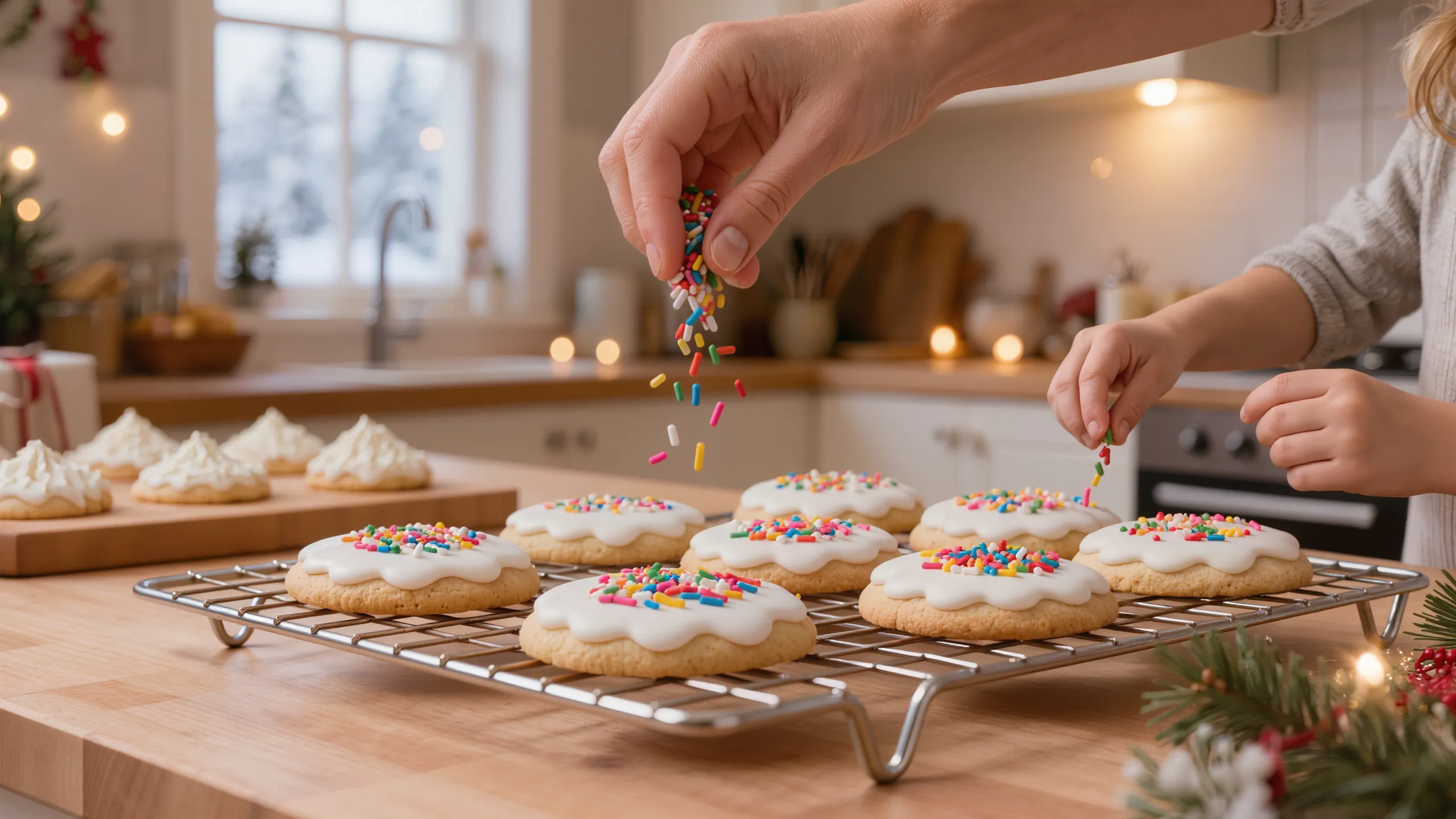 A hand sprinkling rainbow sprinkles onto frosted sugar cookies on a cooling rack while a child decorates.