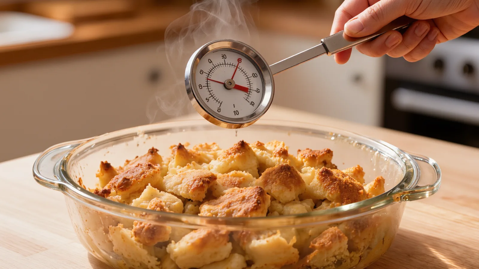 Checking stuffing with a food thermometer A hand holding a food thermometer over a glass dish of baked stuffing fresh from the oven.