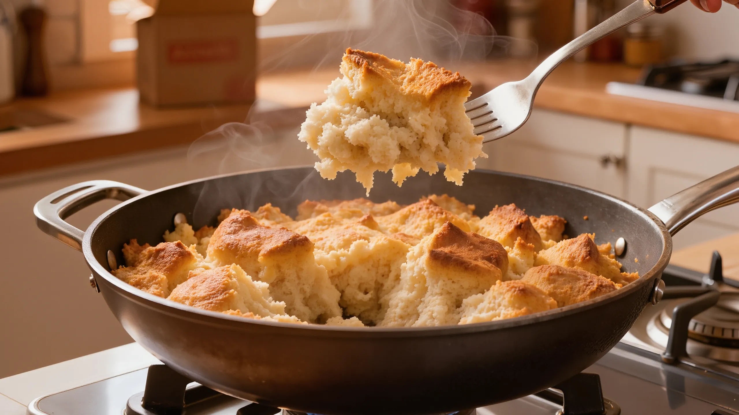 Stuffing mix on the stove A fork lifting a bite of golden bread stuffing from a steaming pan on a stovetop in a home kitchen.