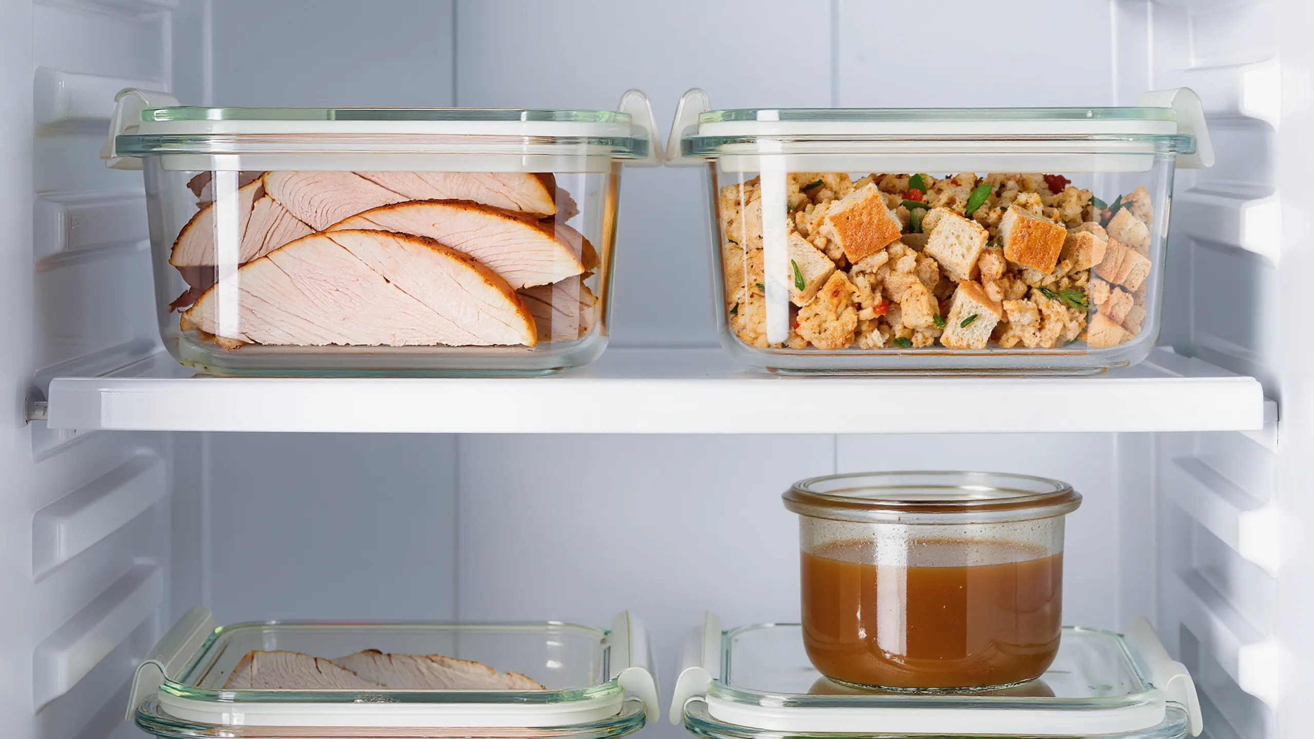 Leftovers in the Refrigerator Thanksgiving leftovers in shallow glass containers on a refrigerator shelf: sliced turkey, stuffing, green beans and a jar of gravy.